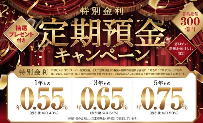 【100万円以上を預ける人向け】特別金利の定期預金キャンペーンで最大年0.75%と抽選特典を狙える