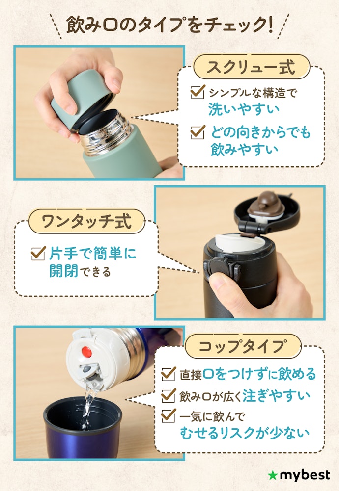 飲み口や開閉方法は好みに合わせて選んでOK