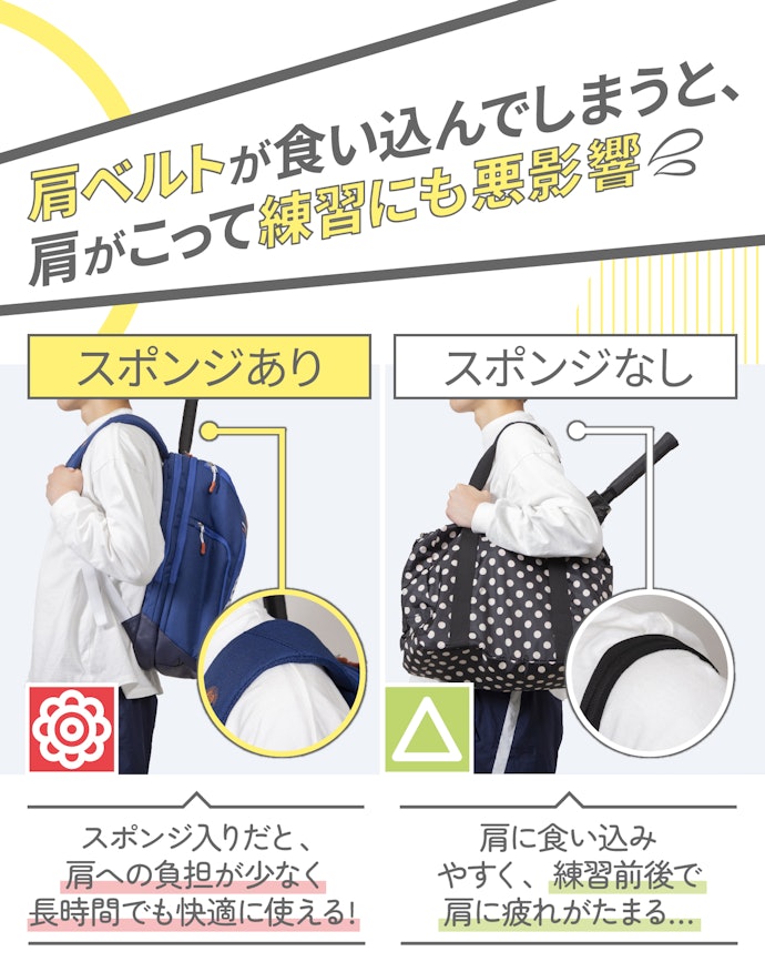 肩ベルトにやわらかいスポンジが入っていれば疲れにくい