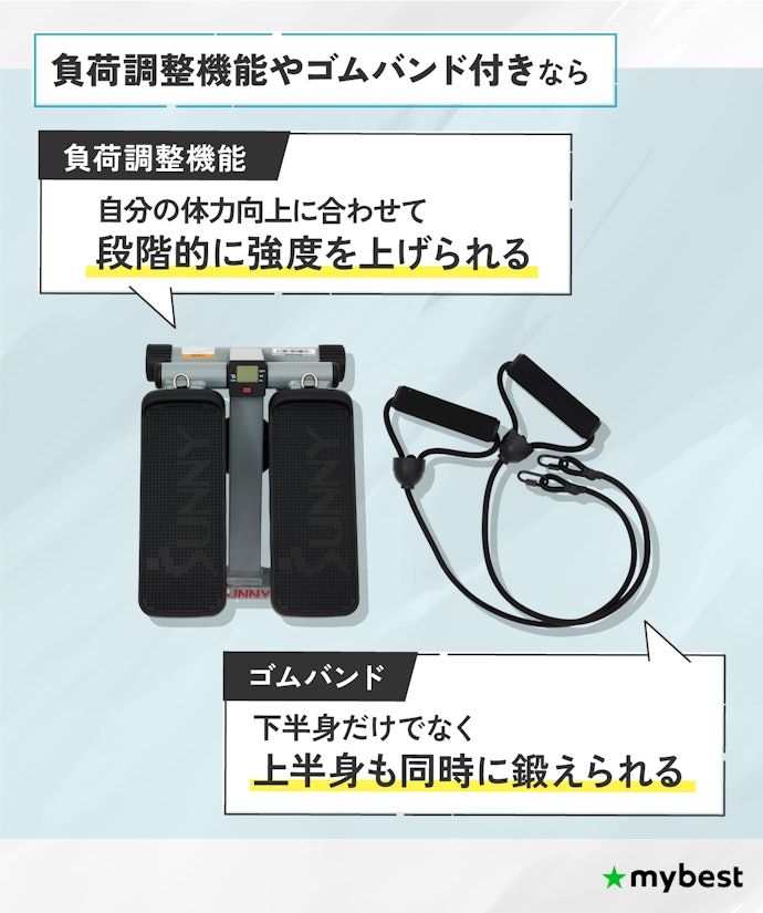 運動の幅を広げて長く使いたいなら、負荷調整機能やゴムバンド付きを選ぼう