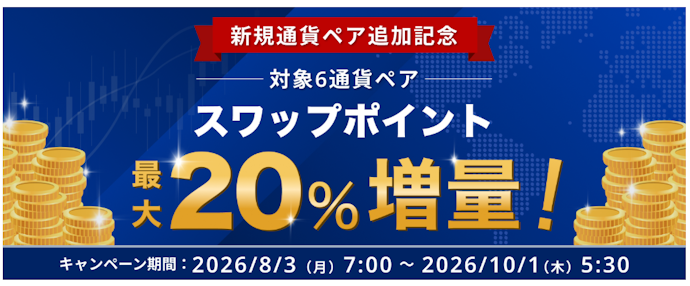 FXの受取スワップポイントが最大20%増量し上限30万円まで上乗せ