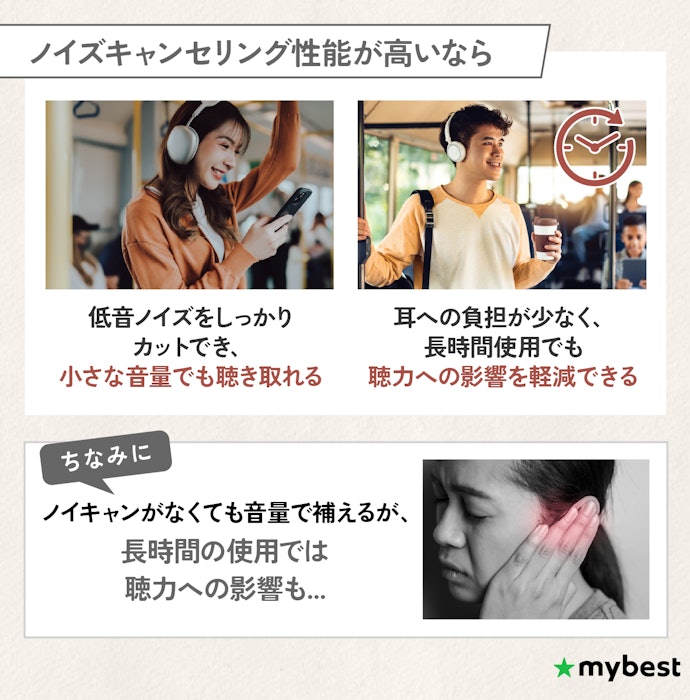 電車やバスでの通勤時に使うなら、ノイズキャンセリング性能の高さで選ぼう