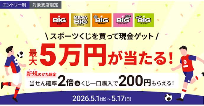 BIG購入&新規登録で最大5万円の現金が当たる