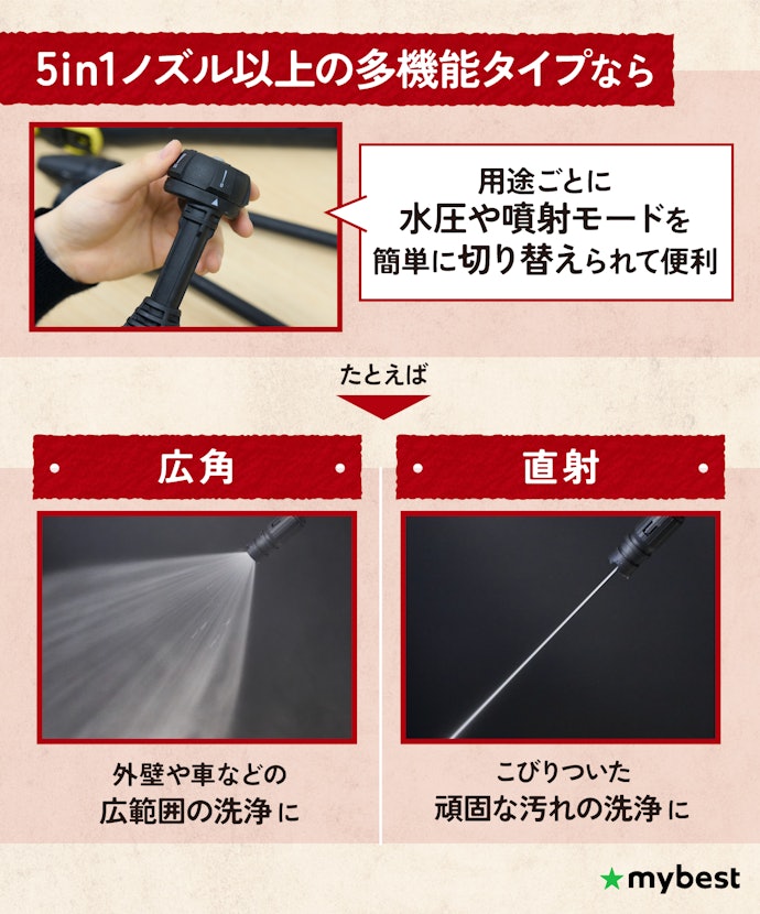 様々な場所で使いたいなら、5in1ノズル以上の多機能タイプを選ぼう