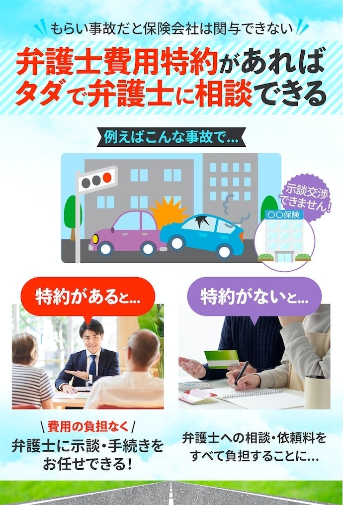 弁護士費用特約:もらい事故でも費用を気にせず示談交渉をプロに任せられる