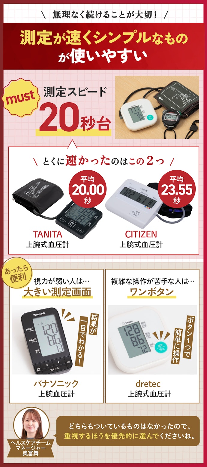 測定スピードは20秒台のものを選ぼう。大きい画面やワンボタンのものだと便利