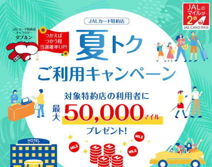 対象特約店でJALカードを合計50,000円以上使うと抽選で最大50,000マイルが当たる!