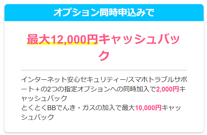オプションの同時申し込みで最大12,000円キャッシュバック増額