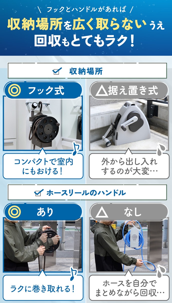 ベランダで使用するなら、巻き取り用のハンドルとフック付きのものがベスト!