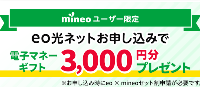 mineoとセット契約で3,000円分電子マネーギフトプレゼント&月330円割引