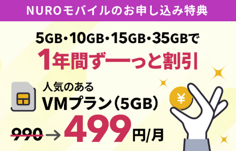 NUROモバイル|新規契約または乗り換えで1年間月額料金が割引になる