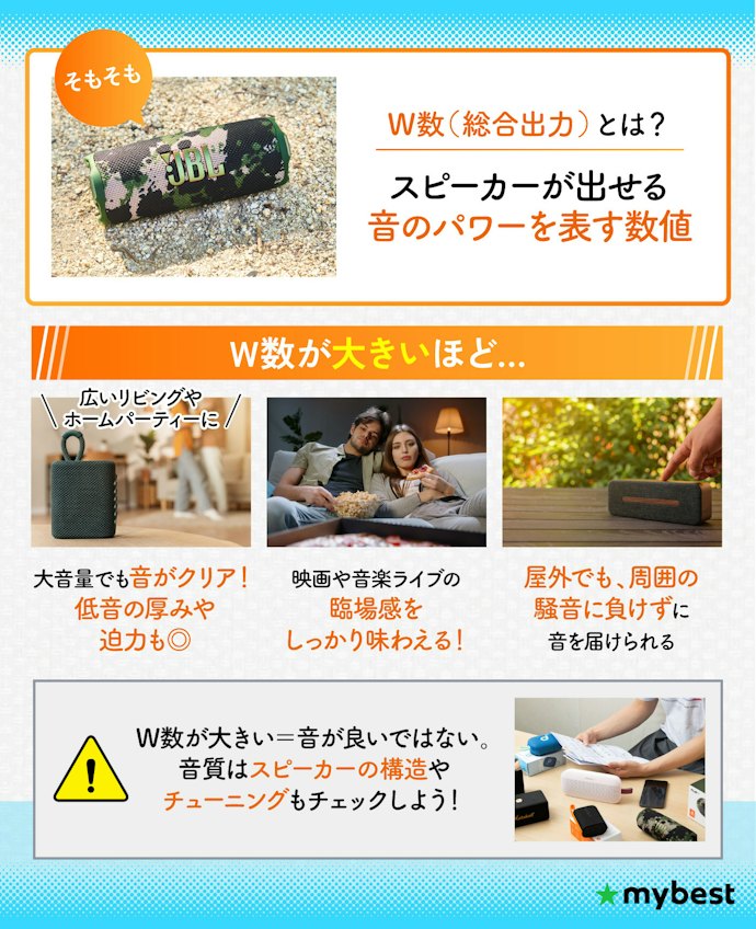 迫力のある音楽を楽しみたいなら、W数(総合出力)に注目!