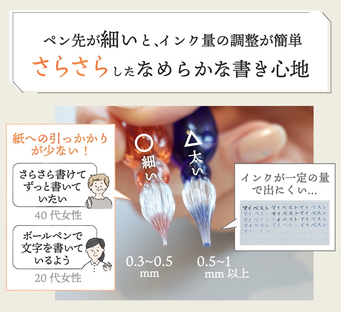はじめてガラスペンを使う人にはペン先が細いものがおすすめ