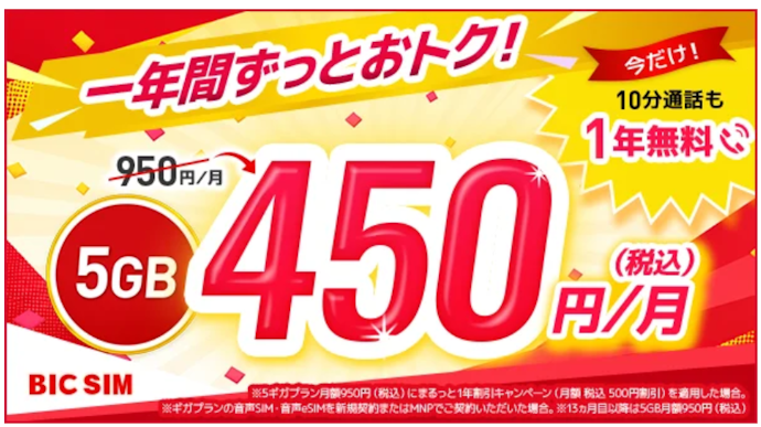BIC SIM|1年間月額料金&10分通話割引