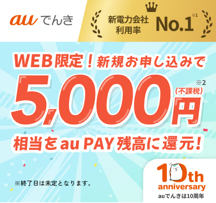 auでんき|新規申し込みで5,000円相当のau PAY 残高還元