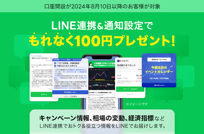 LINE FXでLINE連携と通知設定を完了するともれなく100円がもらえる