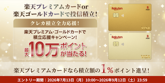 対象の楽天カードを作成し投信積立を行うと抽選で最大10万ポイントが当たる
