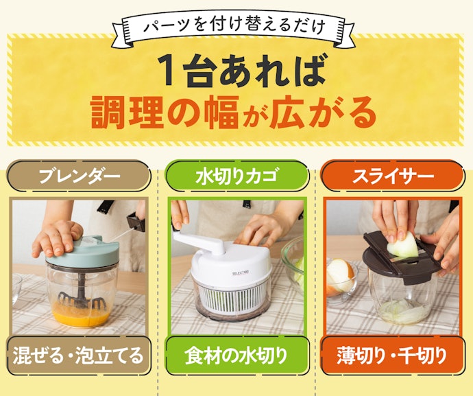 料理好きなら、付け替えパーツがあるみじん切り器を選択肢に