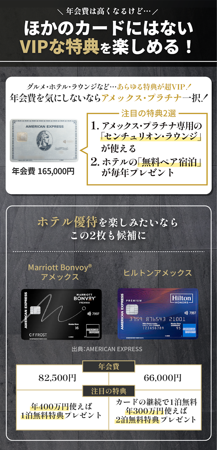 プラチナカードの年会費を気にしないなら、ホテルに無料で泊まれる特典が豪華なカードも選択肢に