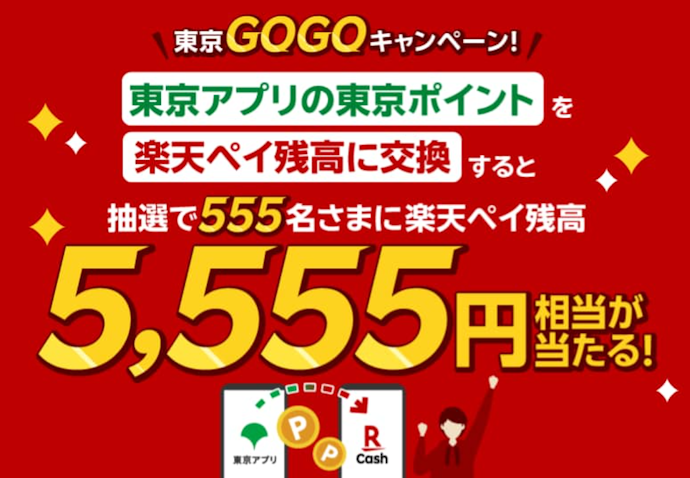 東京ポイントを楽天ペイ残高に交換すると抽選で5,555円相当がもらえる