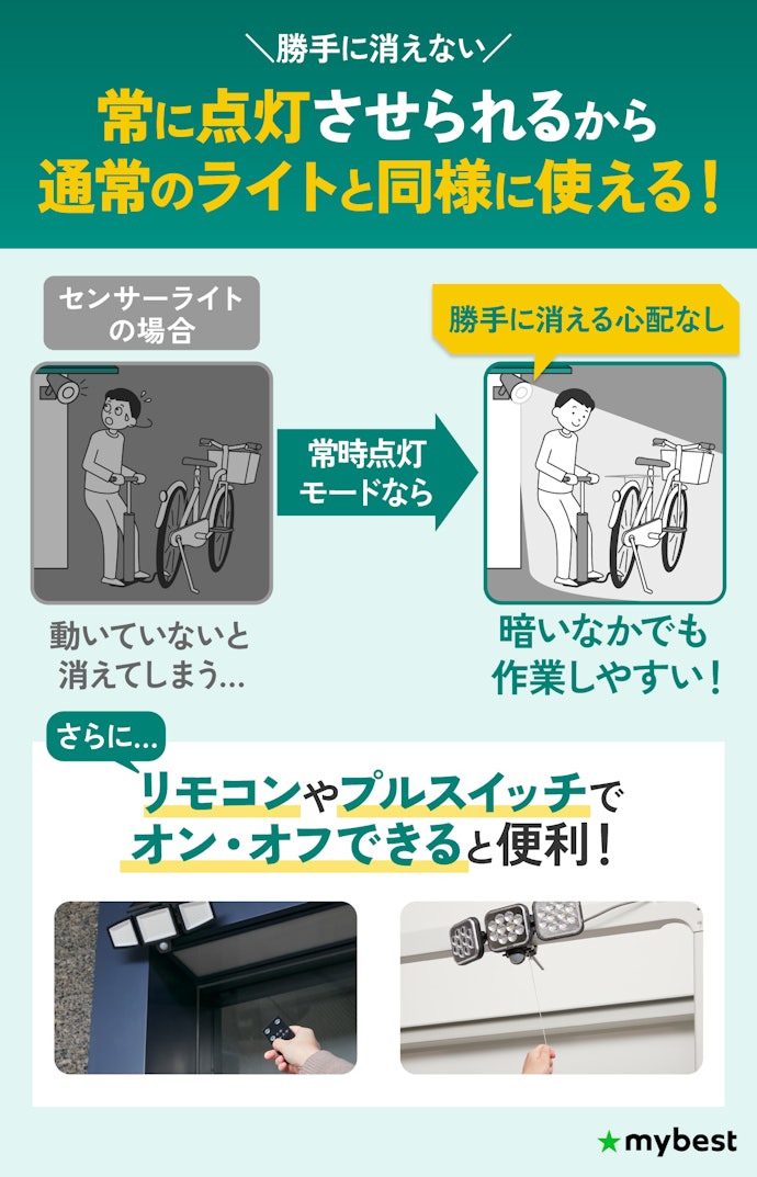 作業灯としても使うなら、常時点灯モードがあると便利