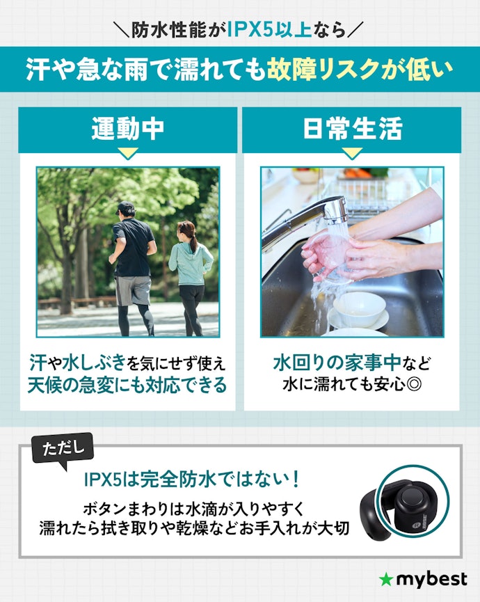 運動やスポーツで使用するなら、急な雨でも対応ができる防水性能がIPX5以上のものがおすすめ!