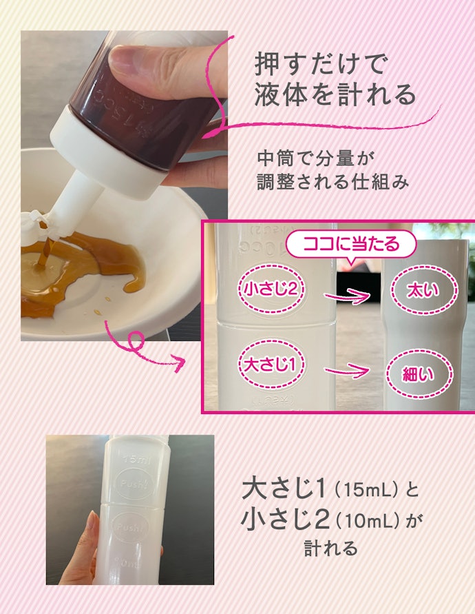 押すだけで大さじ1・小さじ2が計れる、液体調味料用の計量ボトル