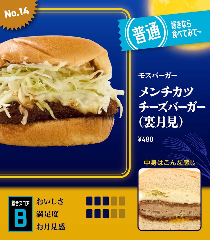 【14位】モスバーガー「メンチカツチーズバーガー(裏月見)」(480円)