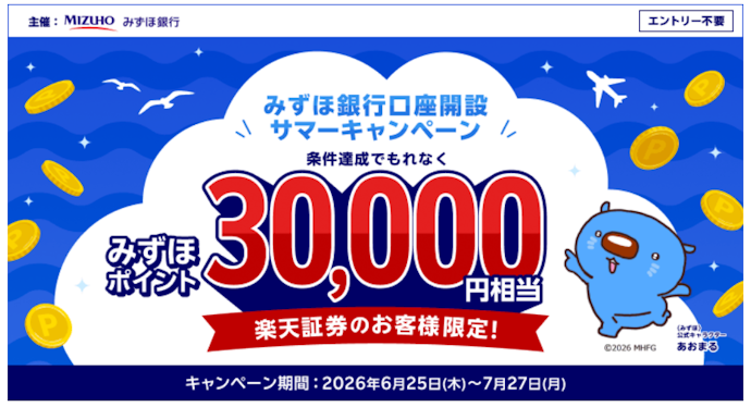 みずほ銀行の口座開設と条件達成で30,000円相当のみずほポイントがもらえる