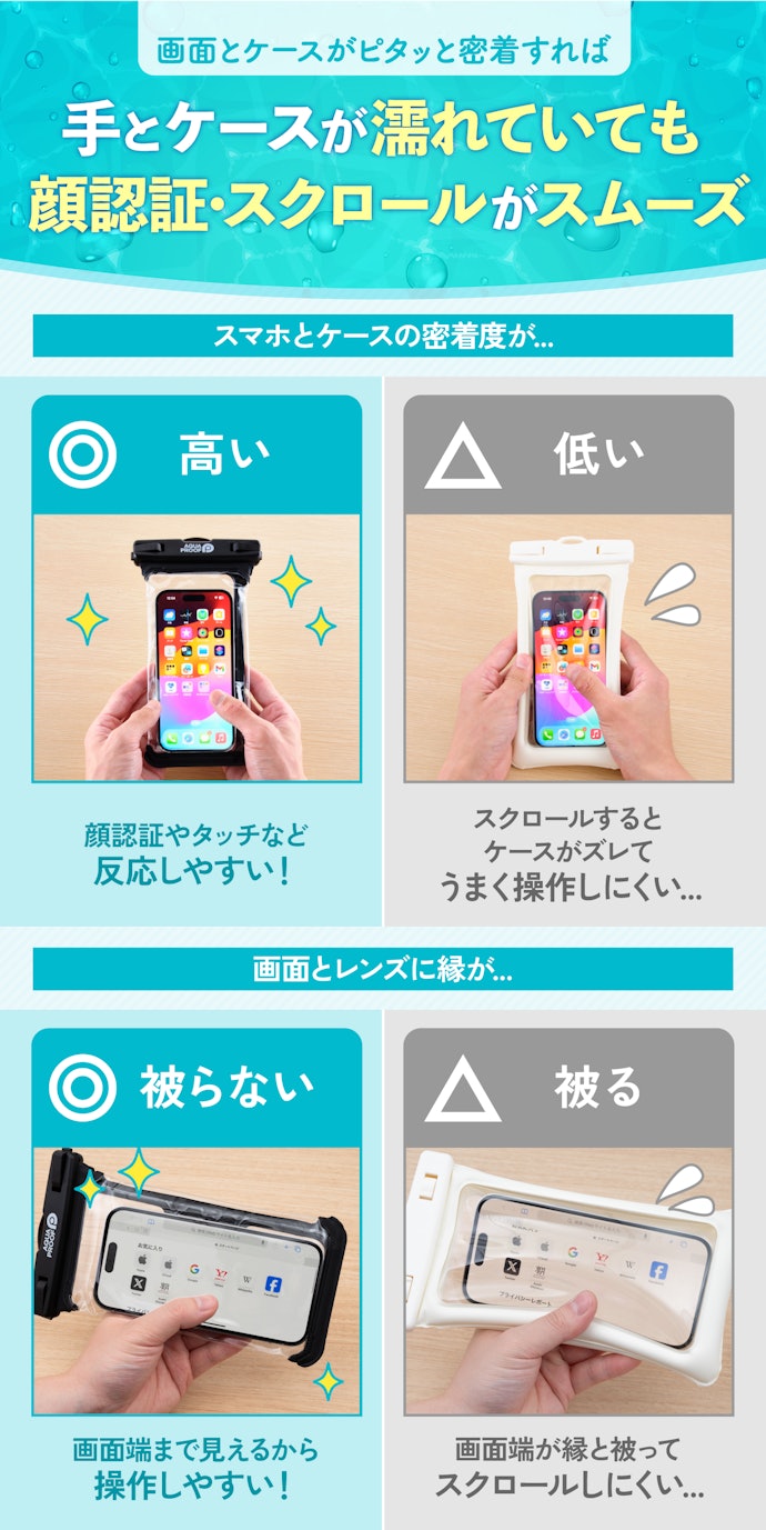 画面とスマホ防水ケースの密着度が高いものを選ぼう!フチが画面に被らないものだとなおよし