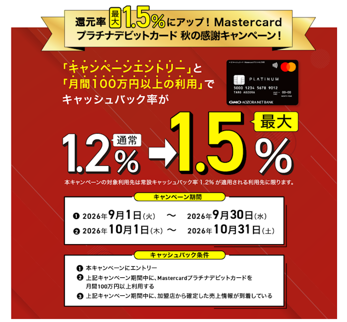 Mastercardプラチナデビットカードのご利用で還元率が最大1.5%にアップ