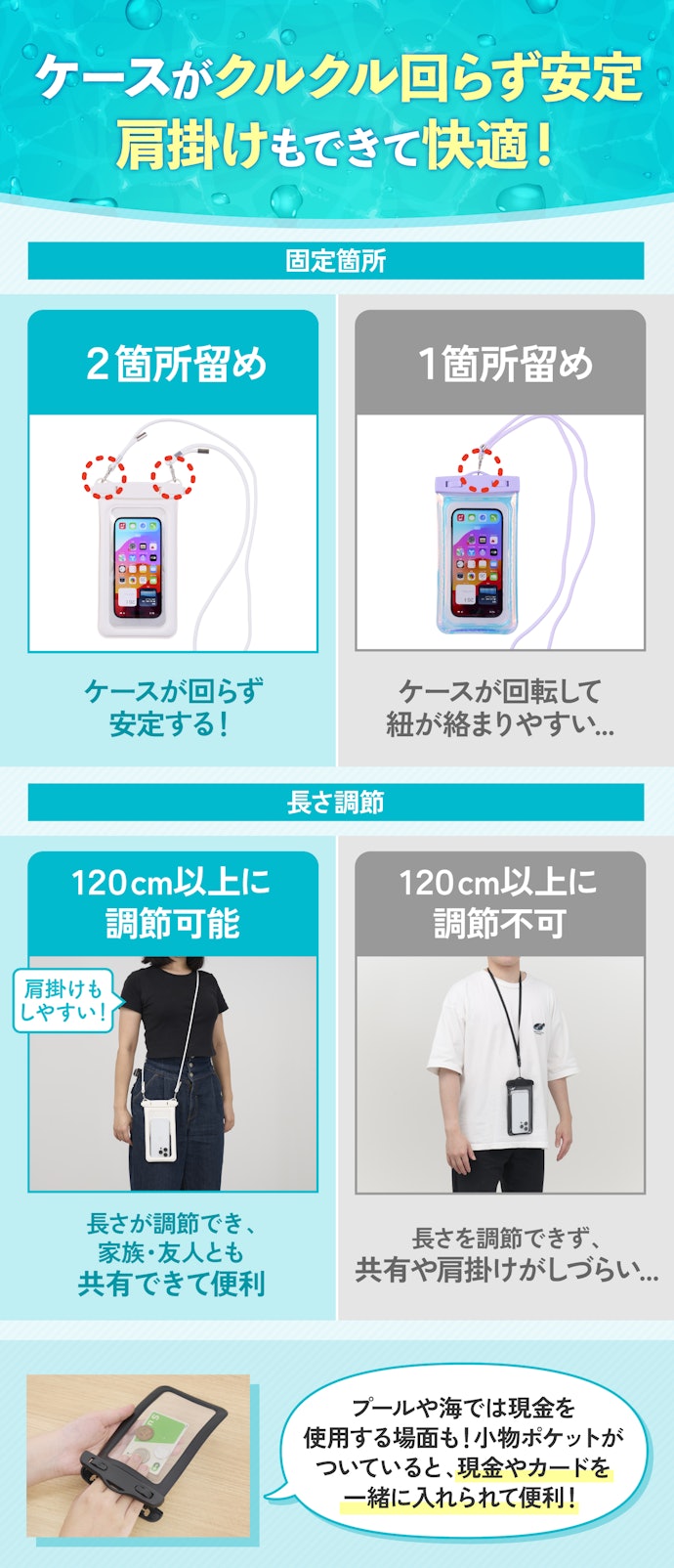ストラップは2か所留め・120cm以上に調節可能なスマホ防水ケースを選ぼう