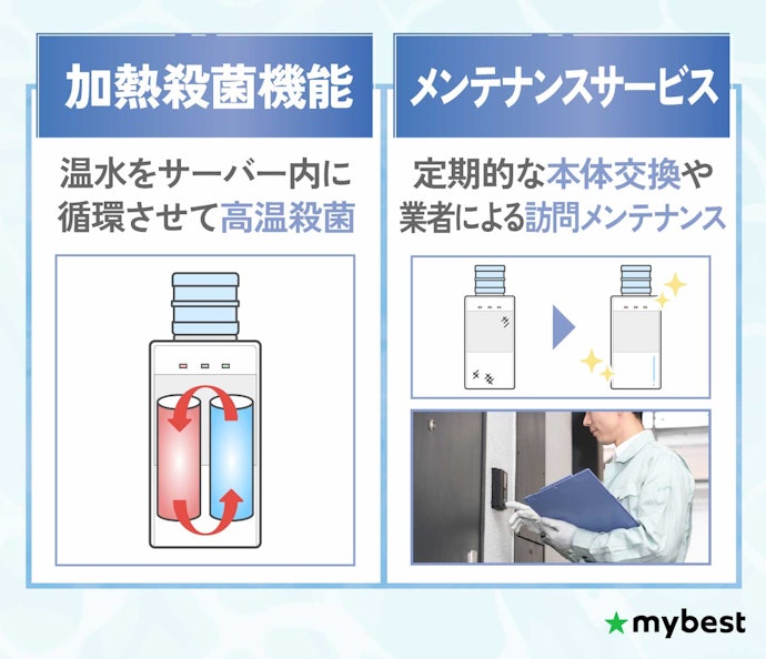 加熱殺菌機能がついているものや、定期的に本体交換か業者メンテナンスしてもらえるとより安心