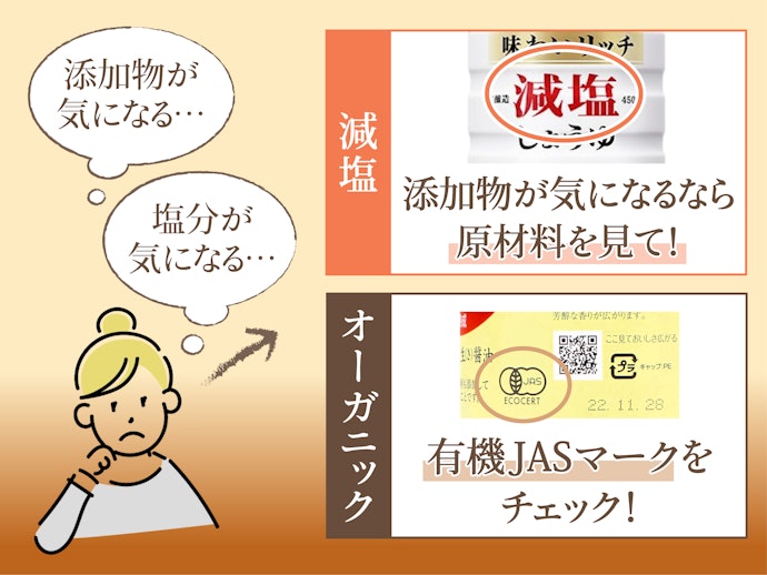 オーガニック志向なら無添加、塩分を気にするなら減塩商品を