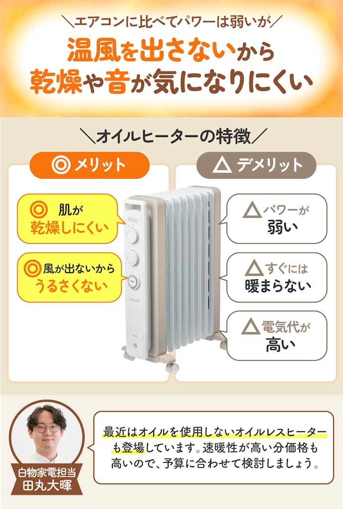 暖房器具の風が苦手なら、オイルヒーター・オイルレスヒーターもひとつの手