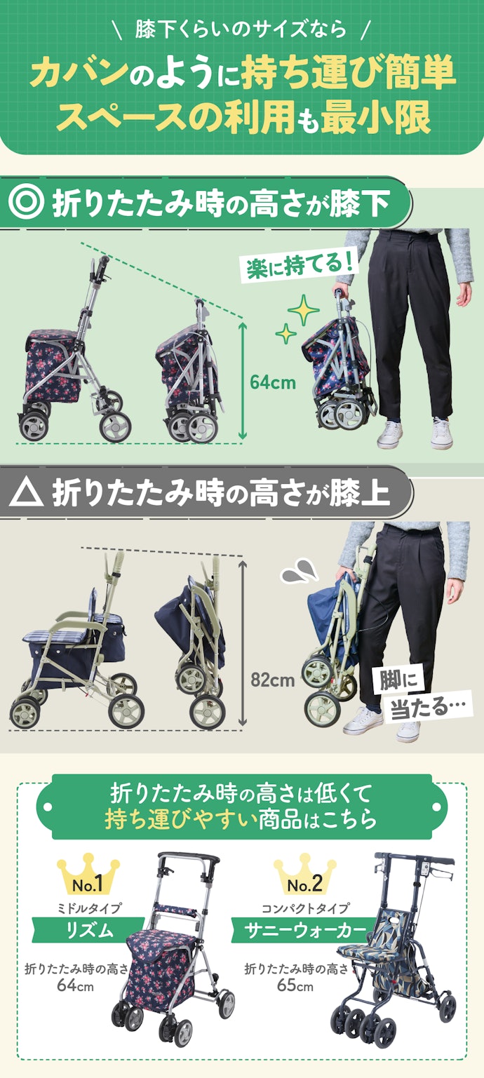 持ち運ぶなら、折りたたみ時の高さが低いシルバーカーがおすすめ