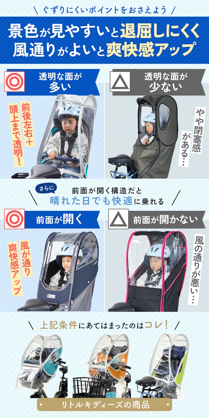 自転車に慣れていない子どもには、透明な面が広く前面が開く構造のものがベター