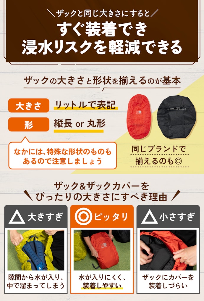 サイズはザックの容量・形状にあったものを選ぼう
