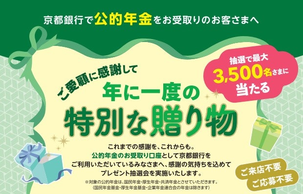 【年金をすでに京都銀行で受け取っている人向け】JCBギフトカードや6,000円相当の商品が当たる