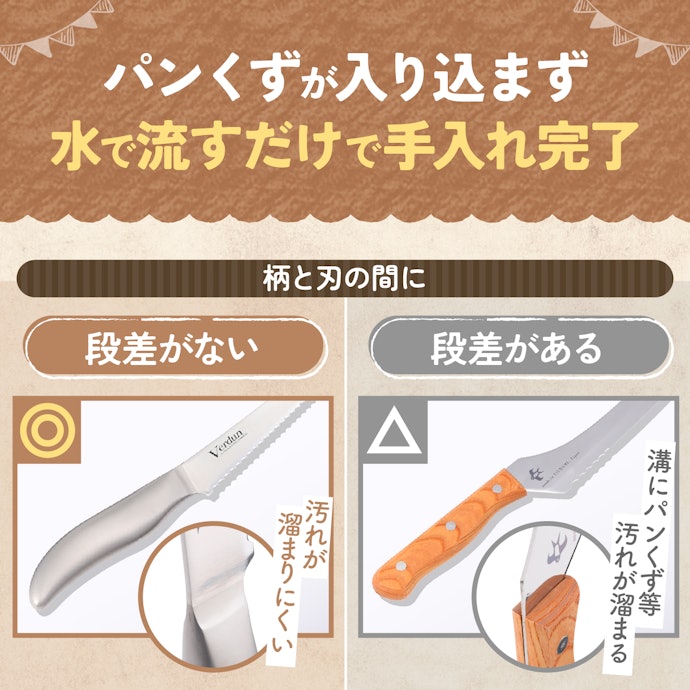 清潔に保つなら、柄と刃の間に段差がないパン切り包丁がおすすめ