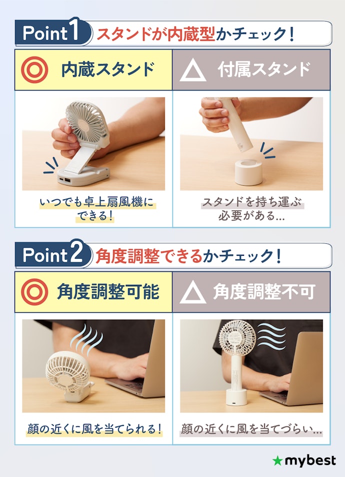 卓上扇風機としても使いたい人は「角度調整できる内蔵スタンド」をチョイス