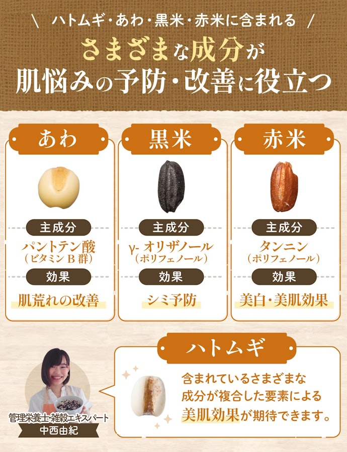 美肌になりたい人は、ハトムギ・あわ・黒米・赤米を含んでいるものを選ぼう!