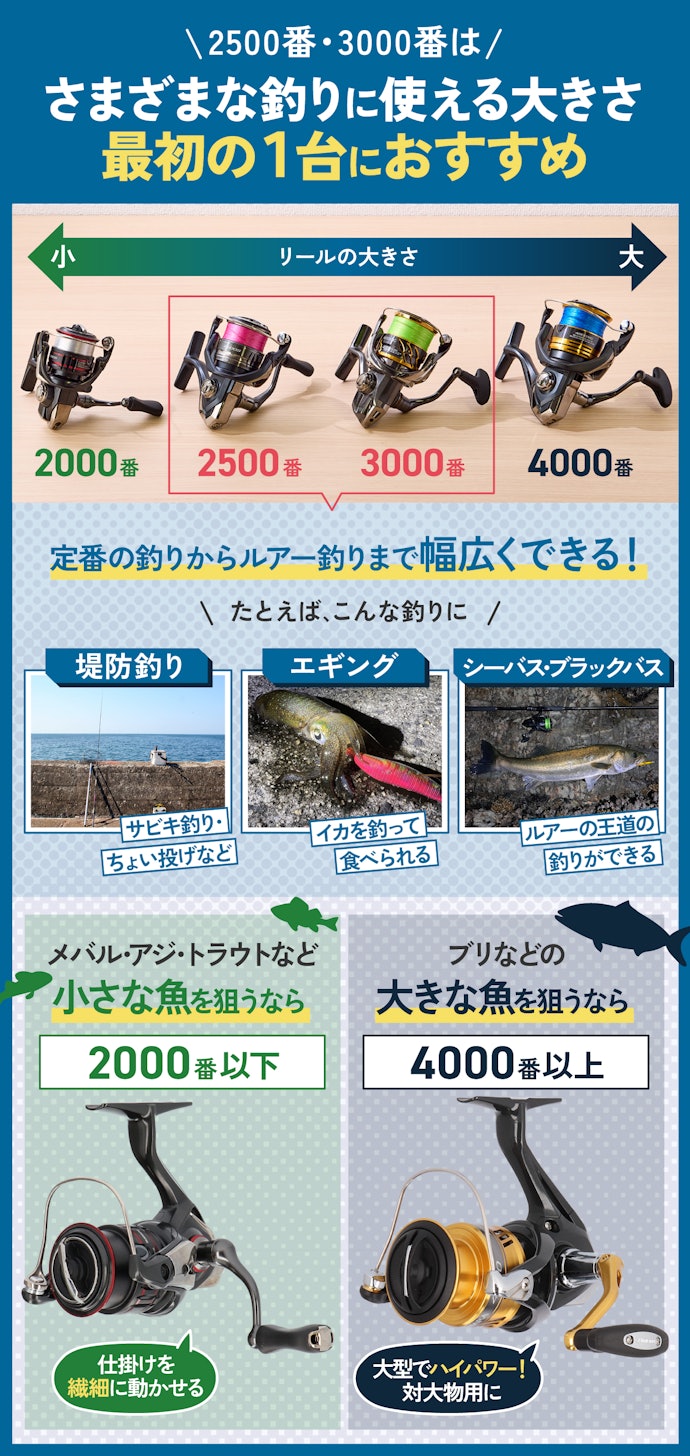 まずは、大きさである番手を選ぼう。はじめての釣りなら2500番か3000番がおすすめ