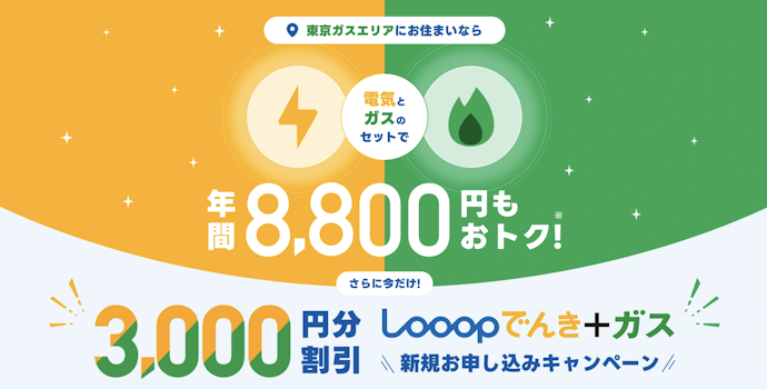 Looopでんき|でんき+ガス新規申し込みで合計3,000円分割引
