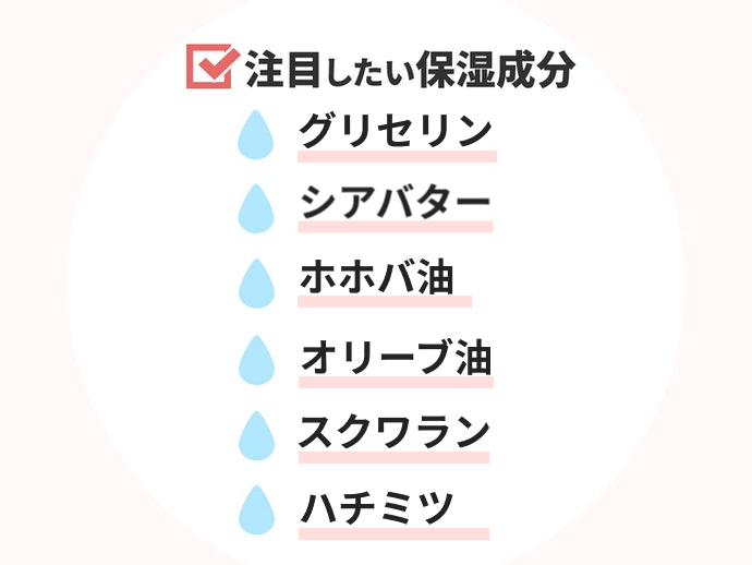 グリセリンやオイルなど、保湿成分が含まれているかチェック
