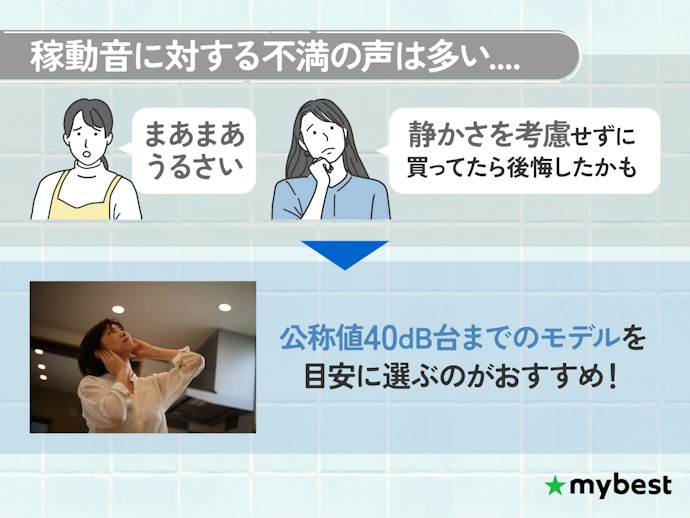 静音性が気になるなら、公称の運転音は40dB台が目安