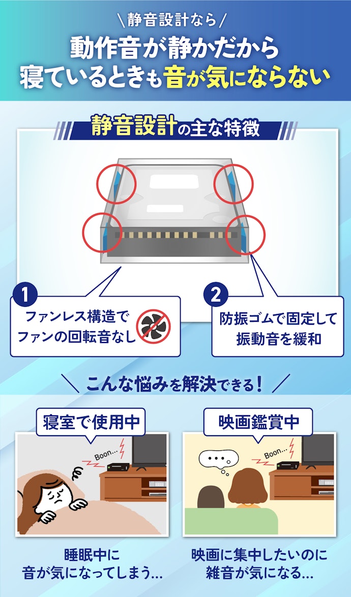寝室で使うなら静音性も大事。静音設計されているかチェックしよう