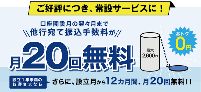 法人口座開設で他行宛て振込手数料が月20回無料