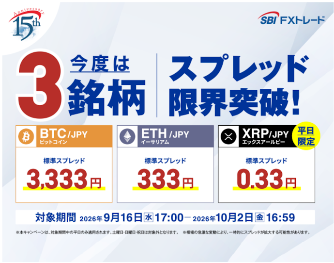 レバレッジ取引(販売所)の対象3銘柄の標準スプレッドが期間限定で縮小