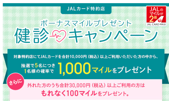 全国の対象健診施設で利用すると抽選で1,000マイル、Wチャンスで100マイルがもらえる!